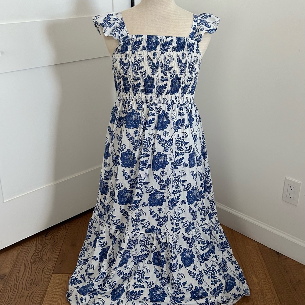 Blue and white floral smocked ruffle midi dress